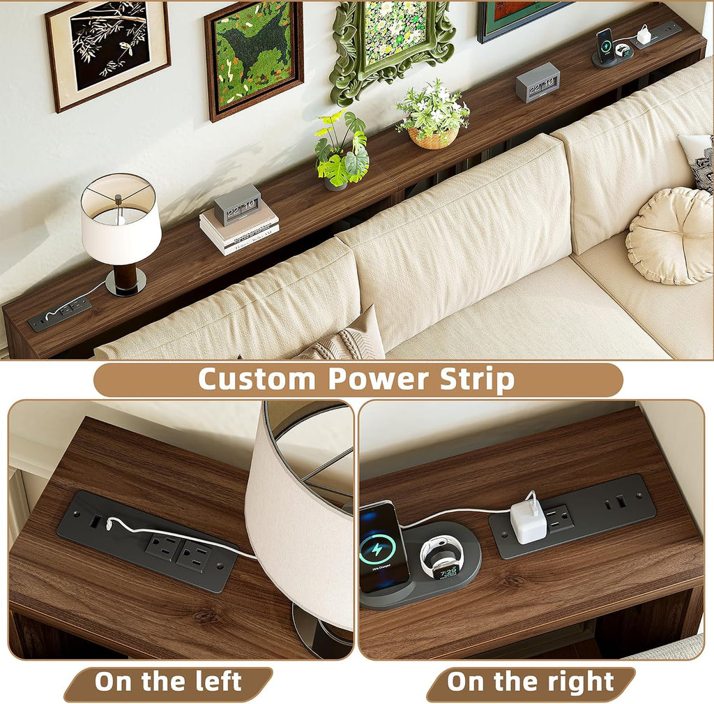 TIQLAB 9.1 Inch Narrow Console Table with Power Outlet,Sofa Table Set of 2，Total Length 94'' Sofa Table Behind Couch，for Entryway&Living Room, Black Walnut