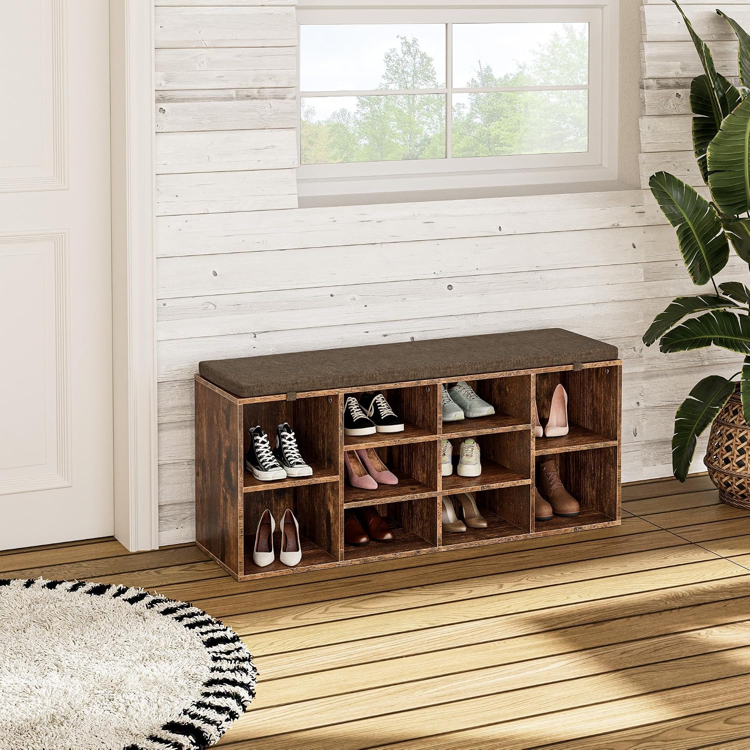 Shoe Storage Bench, 41" Entryway Organizer with Cushion, Brown | 10 compartments, heavy duty engineered wood, removable cushion, spacious family entryway organizer