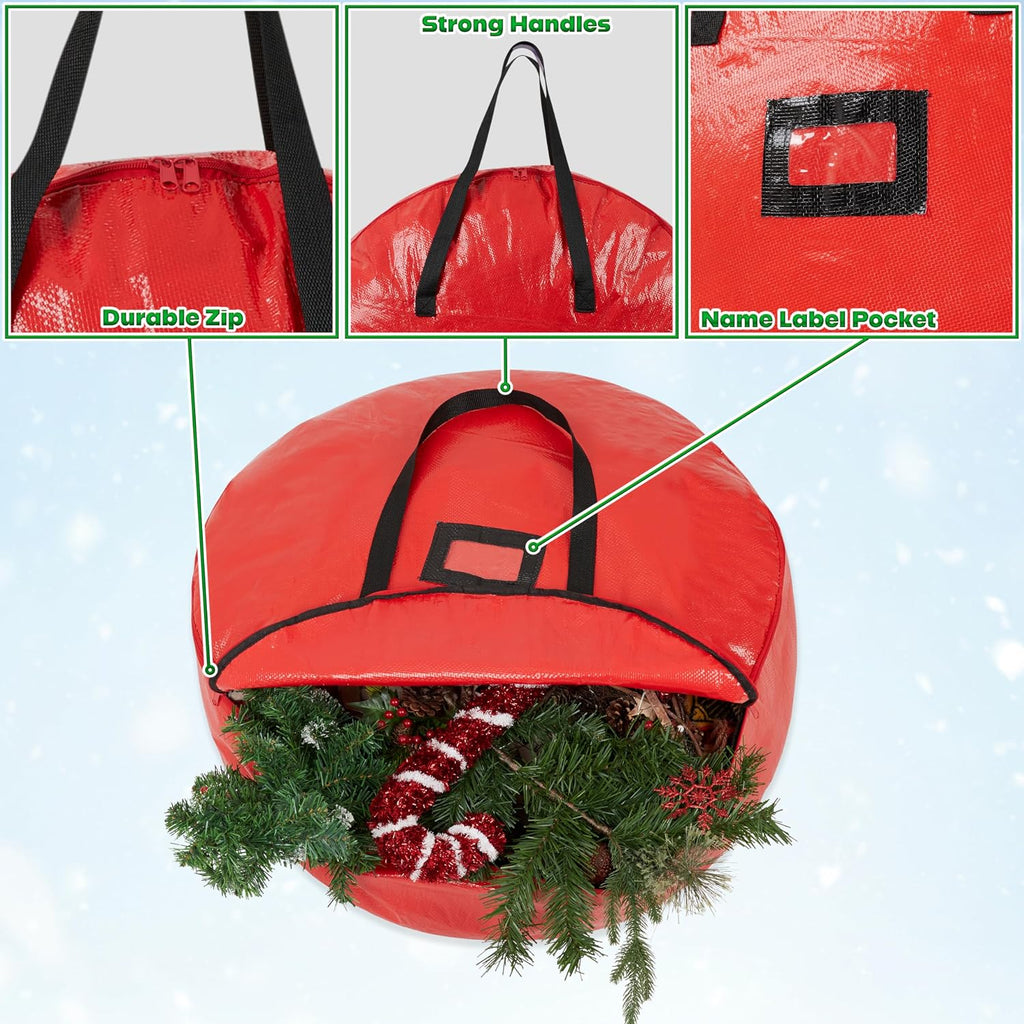 Christmas Ornament Storage Box Christmas Decoration Storage Baubles Box with Dividers Zipped Wreath Bag Decorations Bags (Red Wreath Bag)