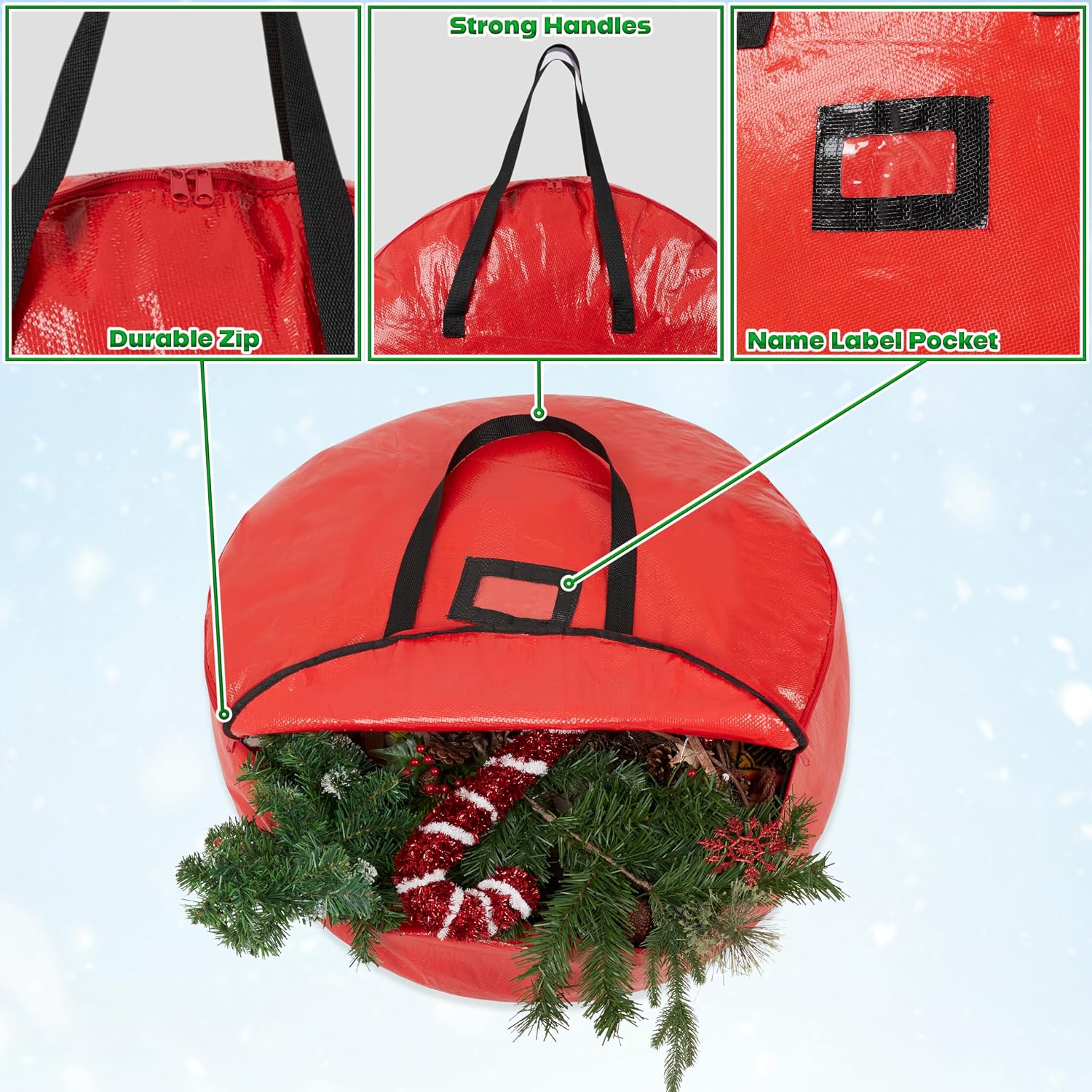 Christmas Ornament Storage Box Christmas Decoration Storage Baubles Box with Dividers Zipped Wreath Bag Decorations Bags (Red Wreath Bag)