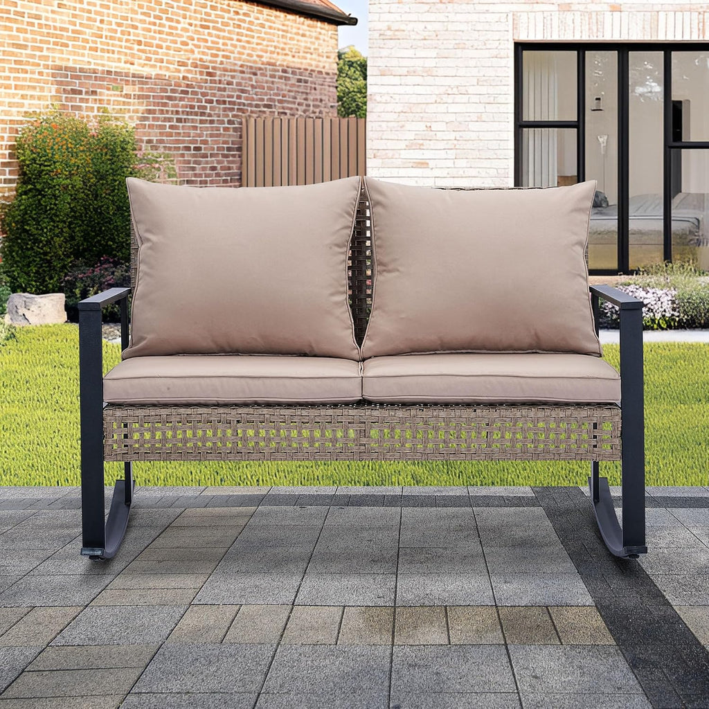 GDY Outdoor Wicker Loveseat Rocking Chair, Patio Outdoor Furniture Conversation Sets, Rattan Rocker Chair with Cushions, Modern Cozy Rocking Wicker Furniture for Garden, Porch, Poolside & Deck, Khaki.