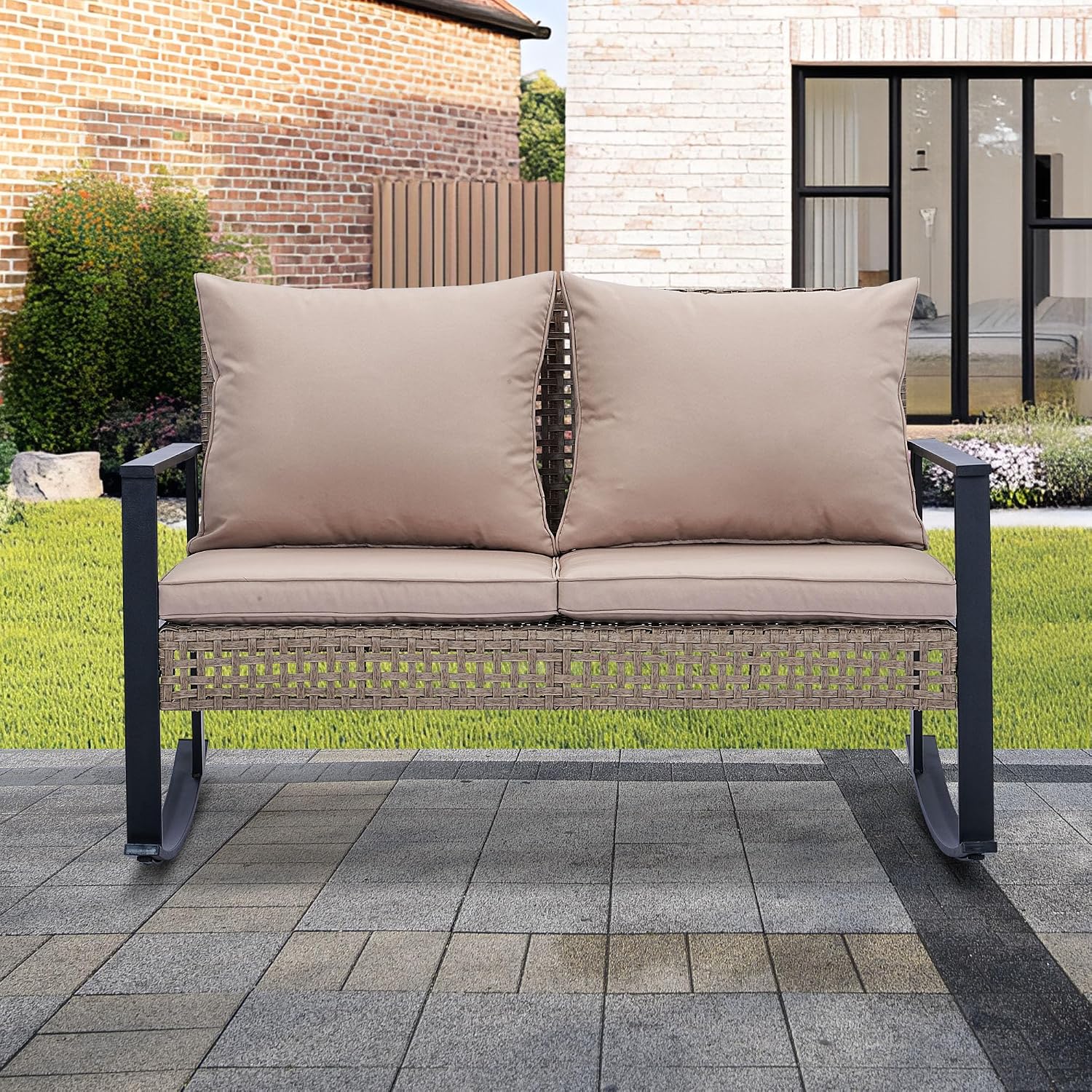 GDY Outdoor Wicker Loveseat Rocking Chair, Patio Outdoor Furniture Conversation Sets, Rattan Rocker Chair with Cushions, Modern Cozy Rocking Wicker Furniture for Garden, Porch, Poolside & Deck, Khaki.