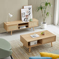 Coffee Table and TV Stand Set of 2, Boho TV Console Coffee Table Set with Sliding Doors, Entertainment Center Set for Living Room (Natural)