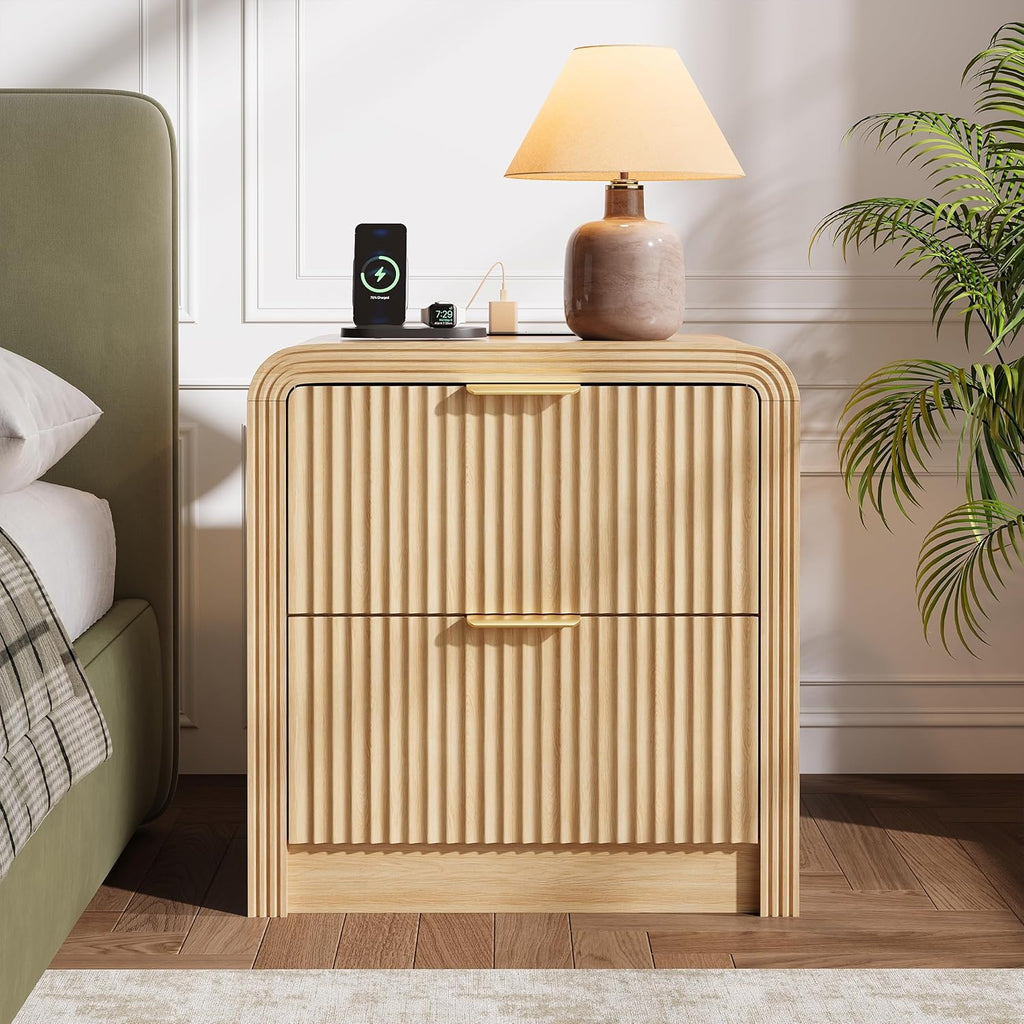 Decofy 23'' Wide Fluted Nightstand Set of 2 with Charging Station, Oak | Beside Table with Drawers & Open Shelf, Mordern Large Night Stand with Curved Corners, Wood End Table for Bedroom