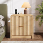 Decofy 23'' Wide Fluted Nightstand Set of 2 with Charging Station, Oak | Beside Table with Drawers & Open Shelf, Mordern Large Night Stand with Curved Corners, Wood End Table for Bedroom