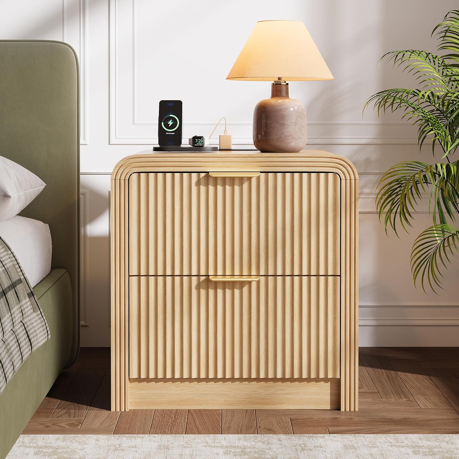 Decofy 23'' Wide Fluted Nightstand Set of 2 with Charging Station, Oak | Beside Table with Drawers & Open Shelf, Mordern Large Night Stand with Curved Corners, Wood End Table for Bedroom