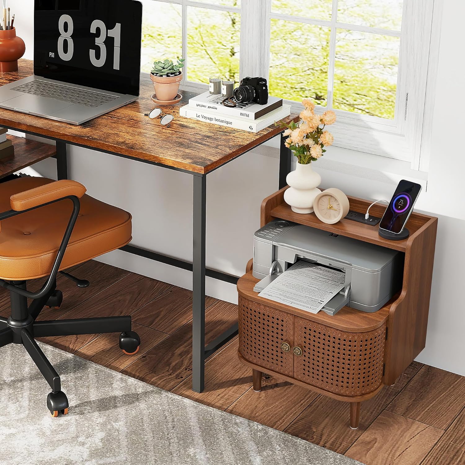 Metal Rattan End Table with Charging Station, Mid Century Modern Nightstand with 2 Doors, Bed Side Table with Storage for Couch, Living Room, Small Spaces, Sofa Side Table for Office, Dorm - Walnut