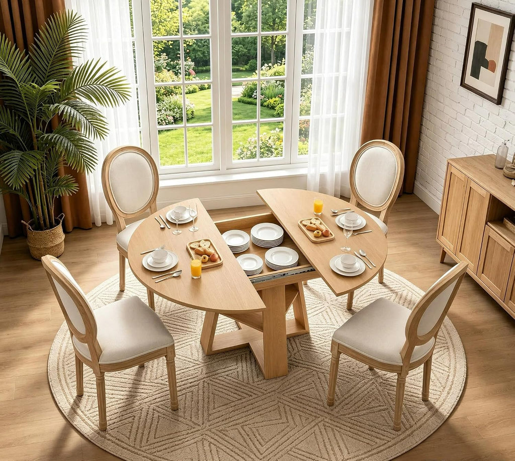 5 Piece Round Extendable Dining Table Set for 4, 43"-59" Natural Wood Oval Expanding Kitchen Table with 4 French Upholstered Chairs, Space Saving Extendable Dining Room Tables with Storage Shelf