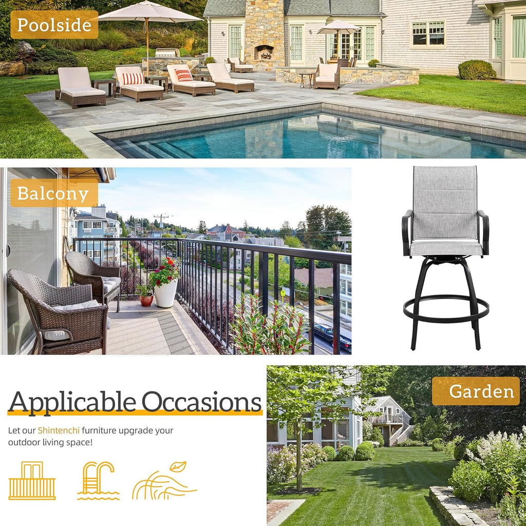 Shintenchi 4 Piece Patio Swivel Bar Chairs, All Weather Padded Textile Outdoor Metal Bar Stools Patio Chairs Set of 4, High Top Bistro Set Furniture for Balcony, Backyard, Lawn Garden, Deck,Light Grey