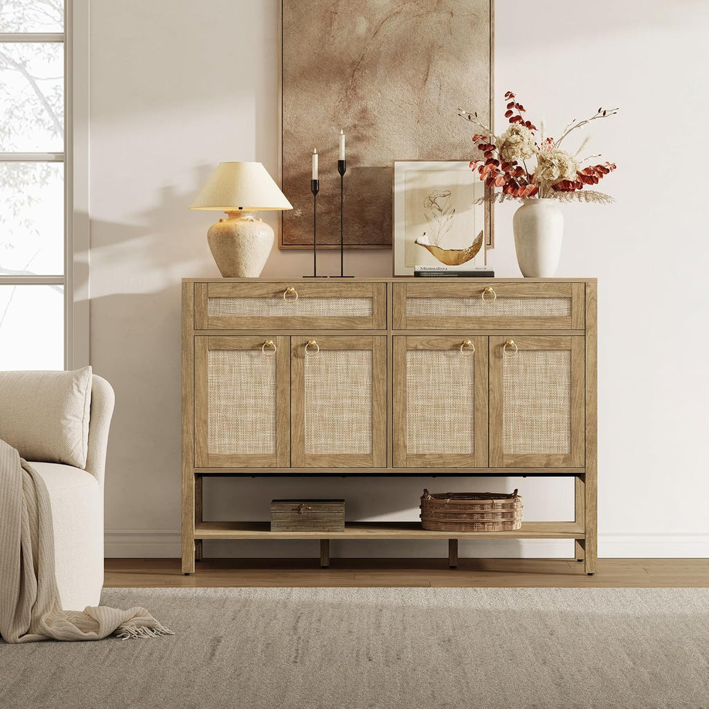 SICOTAS Rattan Sideboard Buffet Cabinet with Open Storage - Large Farmhouse Credenza with 4 Doors & 2 Drawers, Boho Coffee Bar Cabinets Buffet Console Table for Kitchen, Hallway