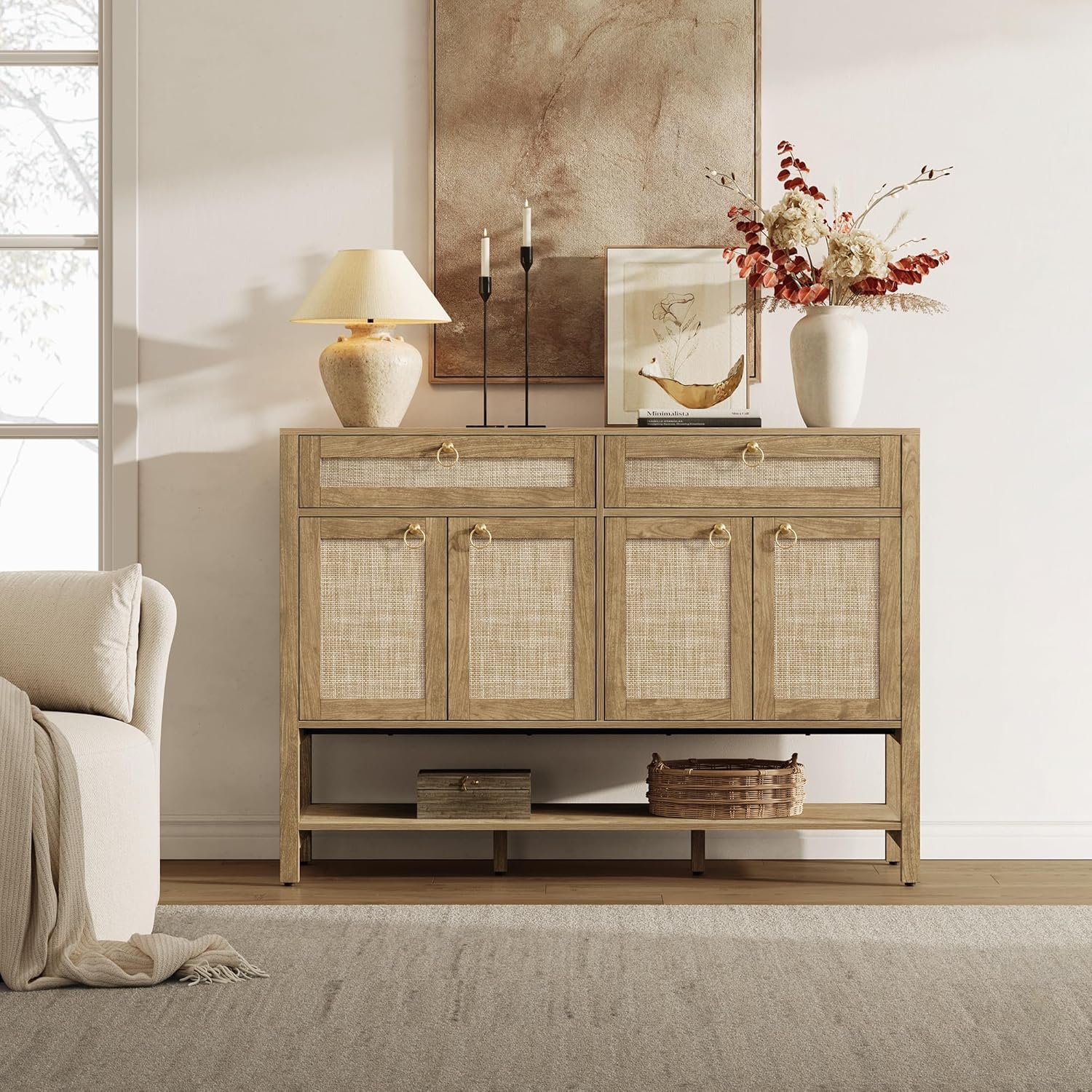 SICOTAS Rattan Sideboard Buffet Cabinet with Open Storage - Large Farmhouse Credenza with 4 Doors & 2 Drawers, Boho Coffee Bar Cabinets Buffet Console Table for Kitchen, Hallway