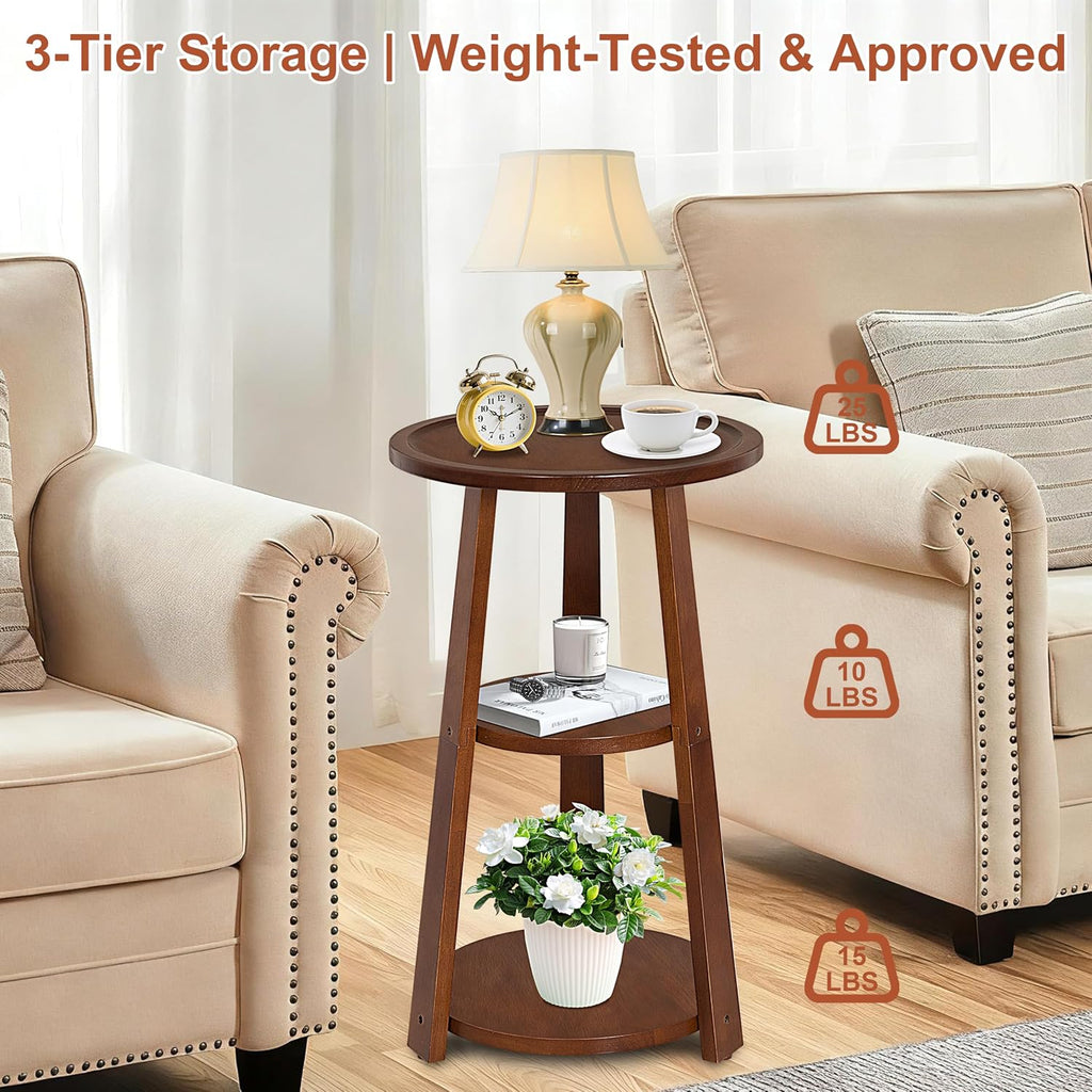 3-Tier Round Side Table, Solid Wood End Table & Nightstand for Small Spaces, Compact Accent Table for Living Room, Bedroom, Office (Red Brown Finish)
