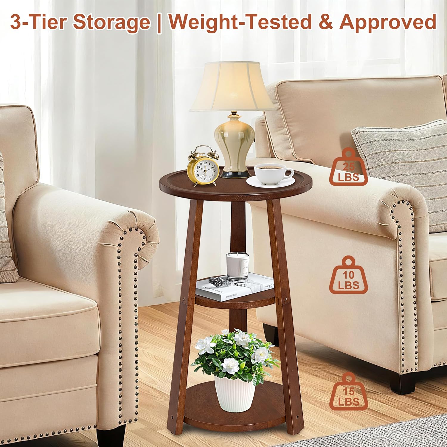 3-Tier Round Side Table, Solid Wood End Table & Nightstand for Small Spaces, Compact Accent Table for Living Room, Bedroom, Office (Red Brown Finish)