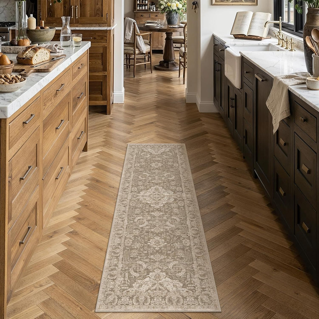 HUGEAR 2x6 Runner Rug Taupe Machine Washable Area Rug Room Decor Distressed Vintage Hallway Rugs Non Slip Carpet Low Pile Rugs for Kitchen Laundry Living Soft Lightweight