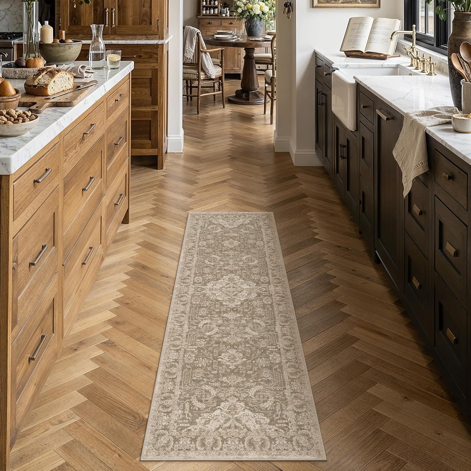 HUGEAR 2x6 Runner Rug Taupe Machine Washable Area Rug Room Decor Distressed Vintage Hallway Rugs Non Slip Carpet Low Pile Rugs for Kitchen Laundry Living Soft Lightweight
