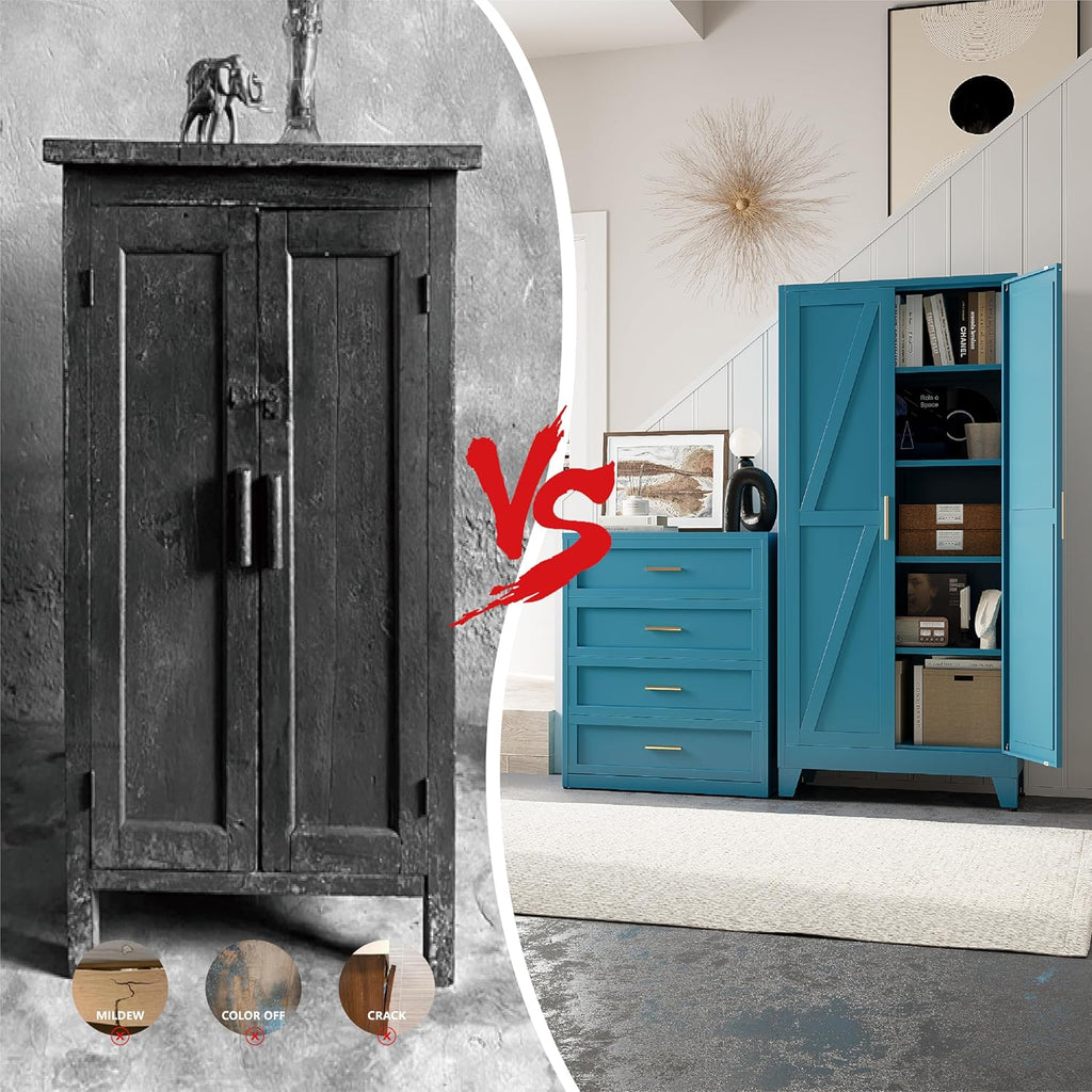 71”H Metal Kitchen Pantry Cabinet, Pantry Cabinets with 2 Doors and 4 Shelves, Kitchen Cabinet for Kitchen, Dining Room, Living Room and Bathroom, Blue