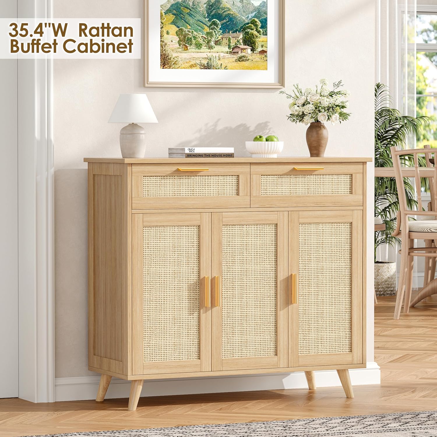Akxomel Rattan Sideboard Buffet Cabinet with Storage, 35.4" W Buffet Cabinet with 2 Drawers and 3 Doors, Sideboard Storage Cabinet with Adjustable Shelves for Kitchen, Living Room, Natural Oak