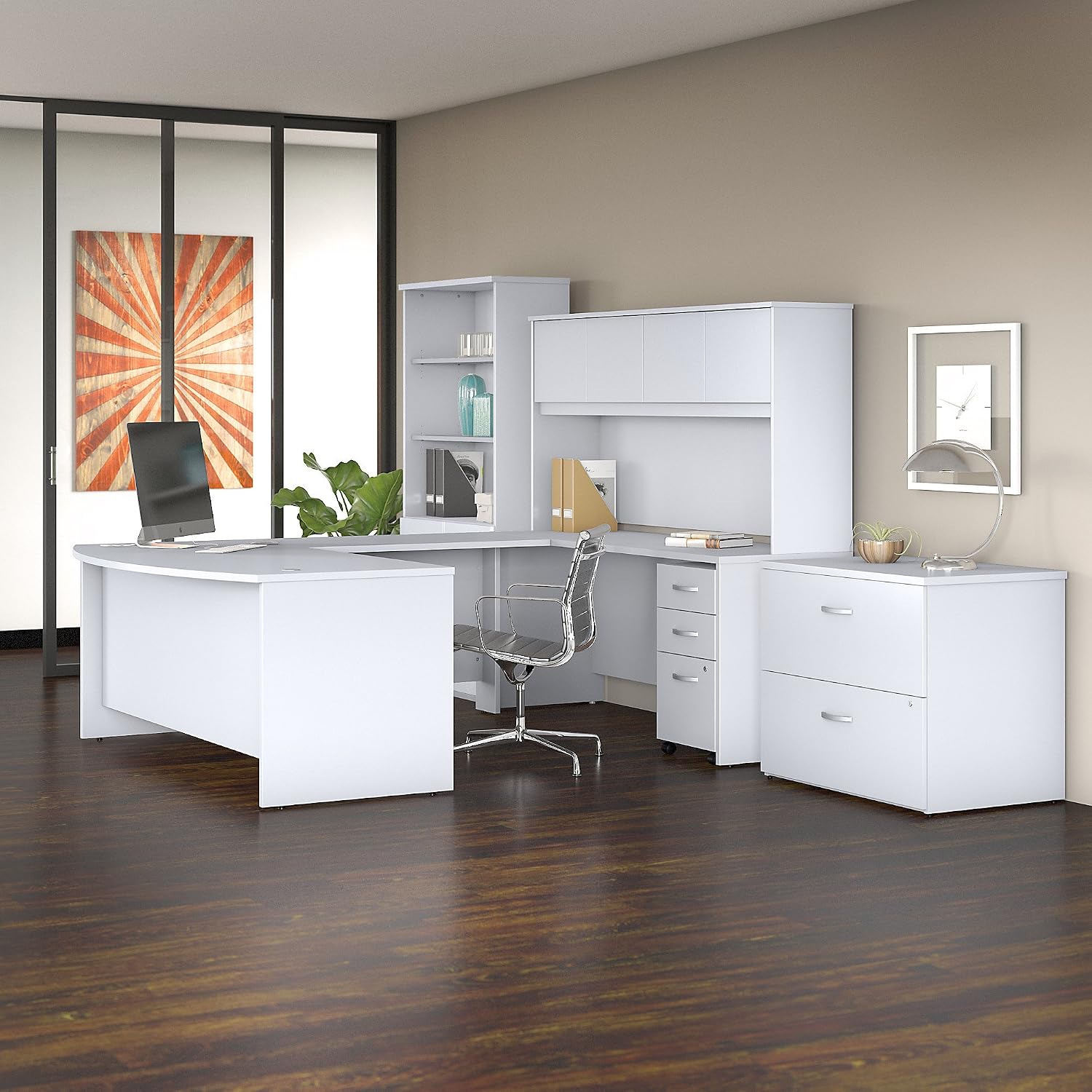 Studio C 72W x 36D U Shaped Desk with Hutch, Bookcase and File Cabinets in White