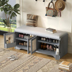 Storage Bench with Cushion, Rattan Door Shoe Cabinet, Gray | 4 Rattan Doors, Upholstered Seat, Entryway Organizer, Built-in Shelves, Boho Style