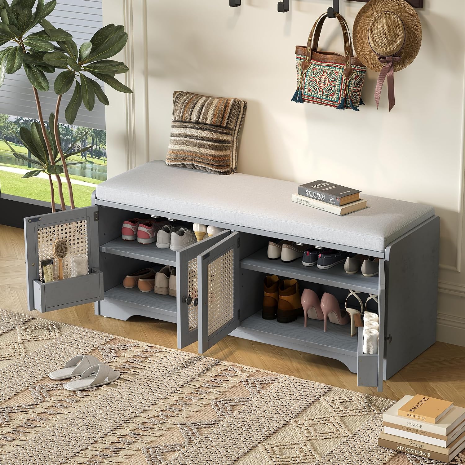 Storage Bench with Cushion, Rattan Door Shoe Cabinet, Gray | 4 Rattan Doors, Upholstered Seat, Entryway Organizer, Built-in Shelves, Boho Style