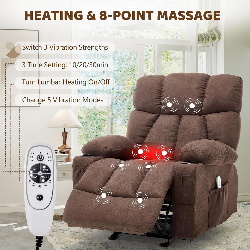 Massage Rocking Recliner Chair, Ergonomic Recliners Sofa with Vibration Massage & Heat, Rocking Chair Nursery Chair for Living Room Lounge with 4 Pockets, 2 Cup Holders, USB Charge Port, Brown
