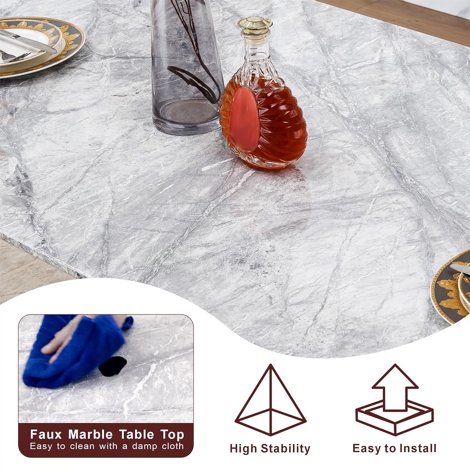 70 Inch Modern Rectangle Dining Table for 6, Faux Marble Top with Mirrored Stainless Steel Base, Large Kitchen Table for Dining Room, Living Room, Office, Conference, (Table Only) (Gold + Grey)