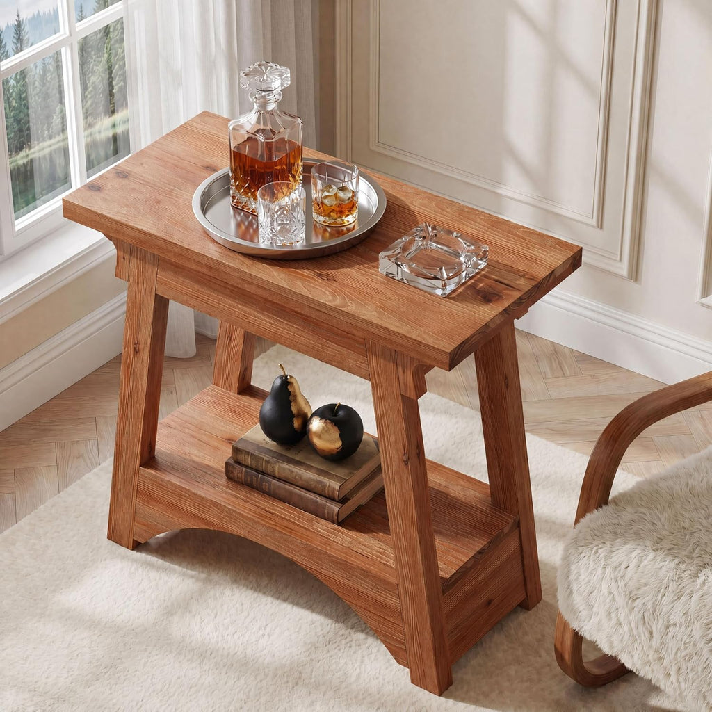 End Table for Living Room, Solid Wood Side Table with Storage, Farmhouse Narrow Nightstand for Bedroom, Small Spaces, Rustic Brown