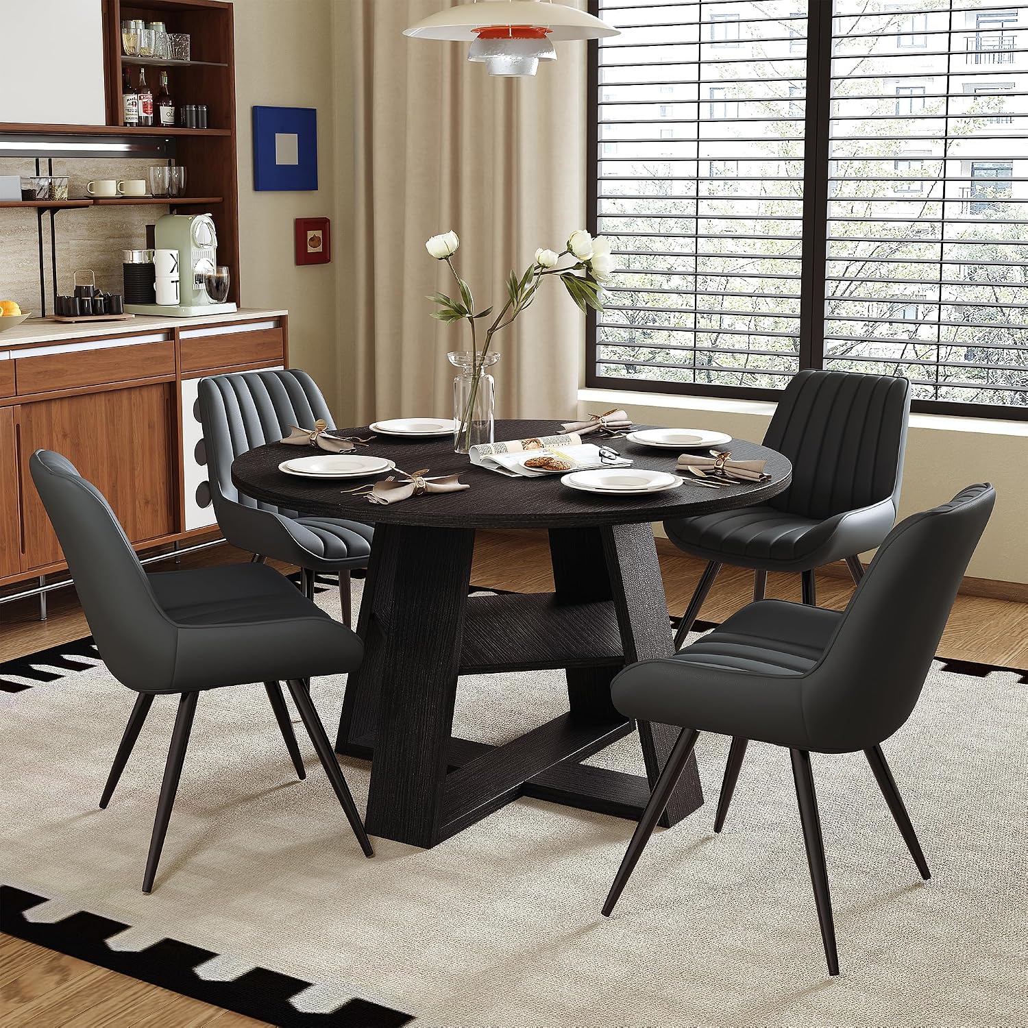 Miereirl Round Dining Table Set for 4, 43.31 Inch Round Kitchen Table and Chairs Set with Storage Shelf, Space Saving Dining Room Table Set, Modern Dining Set for Apartment, Kitchen, Dining Room