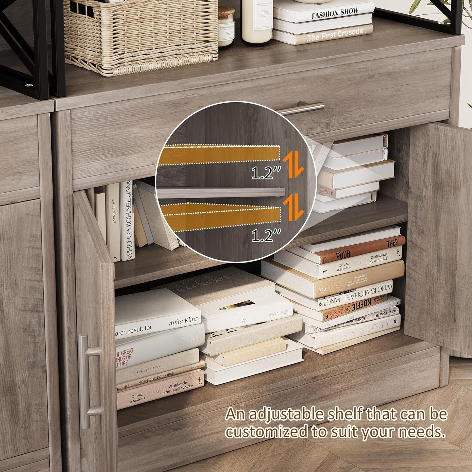 Vongrasig Farmhouse Coffee Bar Cabinet, Modern Sideboard Buffet Table with Adjustable Shelf, Storage Cabinet for Kitchen, Dining Room, Ash Grey