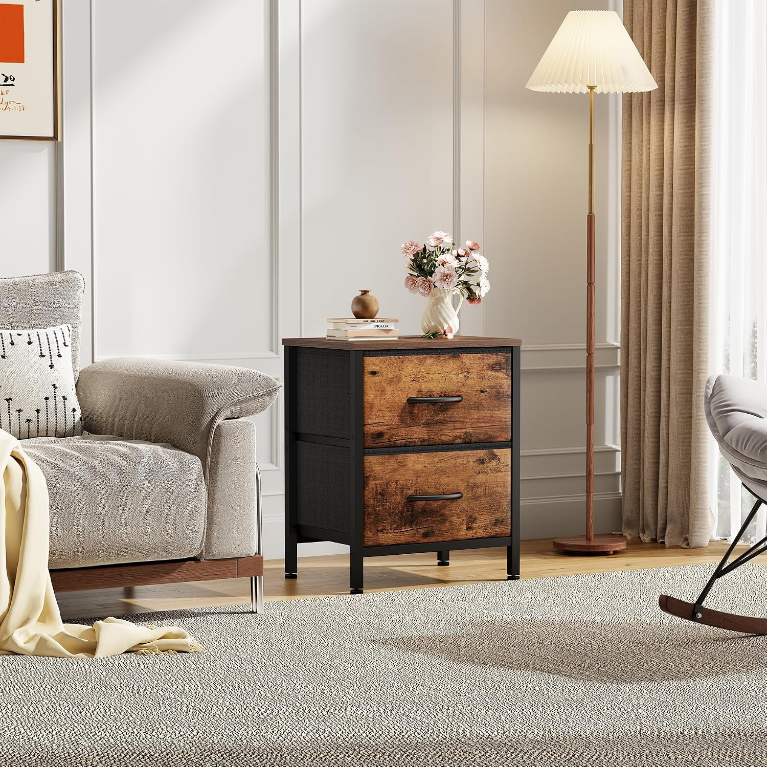 Sweetcrispy Nightstand Set of 2 with 2 Storage Drawers, Small Bedside Table | Small Dresser with Sturdy Wooden Top for Daily Essentials, Compact Nightstand for Bedroom, Closet and Small Spaces
