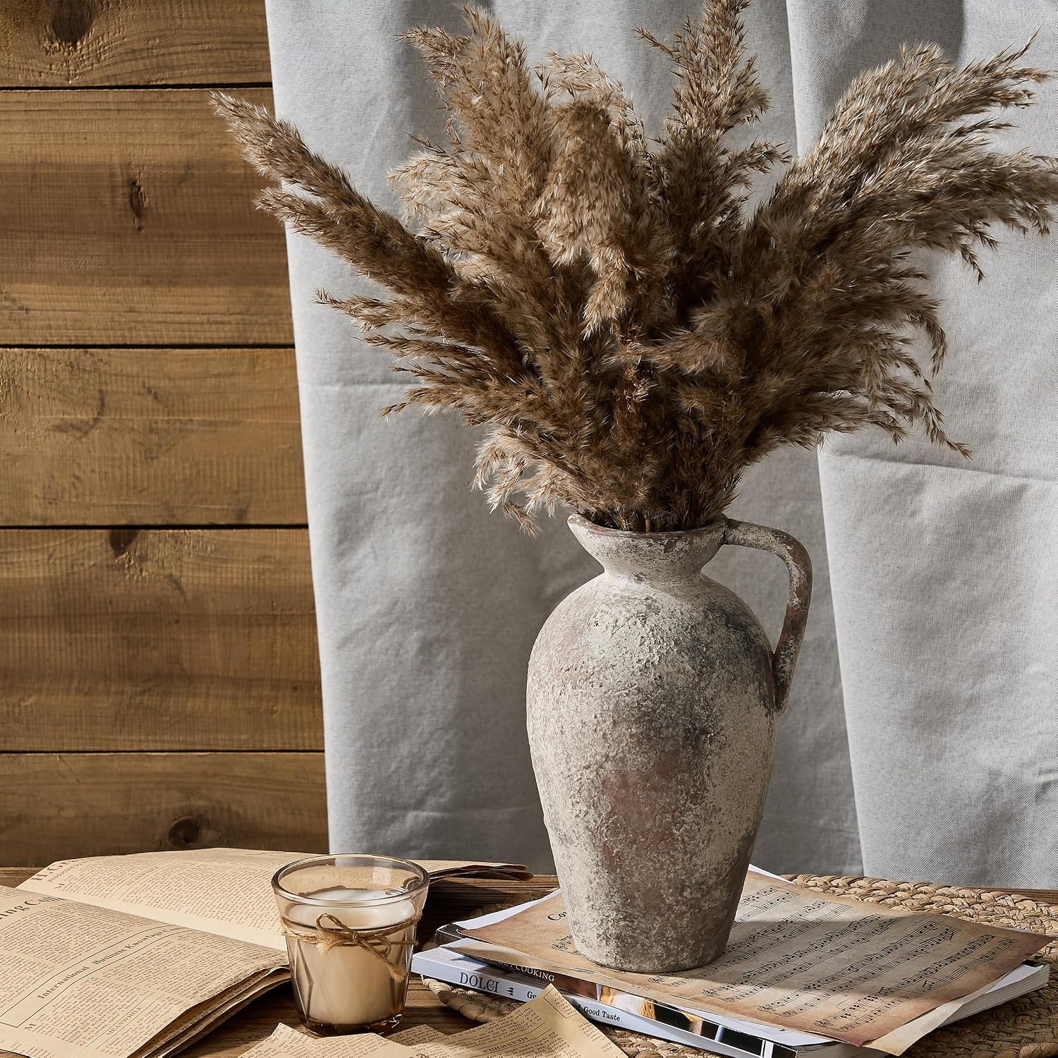PORCER 9.3 Inch Antique Ceramic Vase, Terracotta Vase with Handle, Tuscan Decor Farmhouse Decorative Vase, Rustic Vase for Home Decor, Living Room, Entryway, Wedding - Distressed Design, Gray