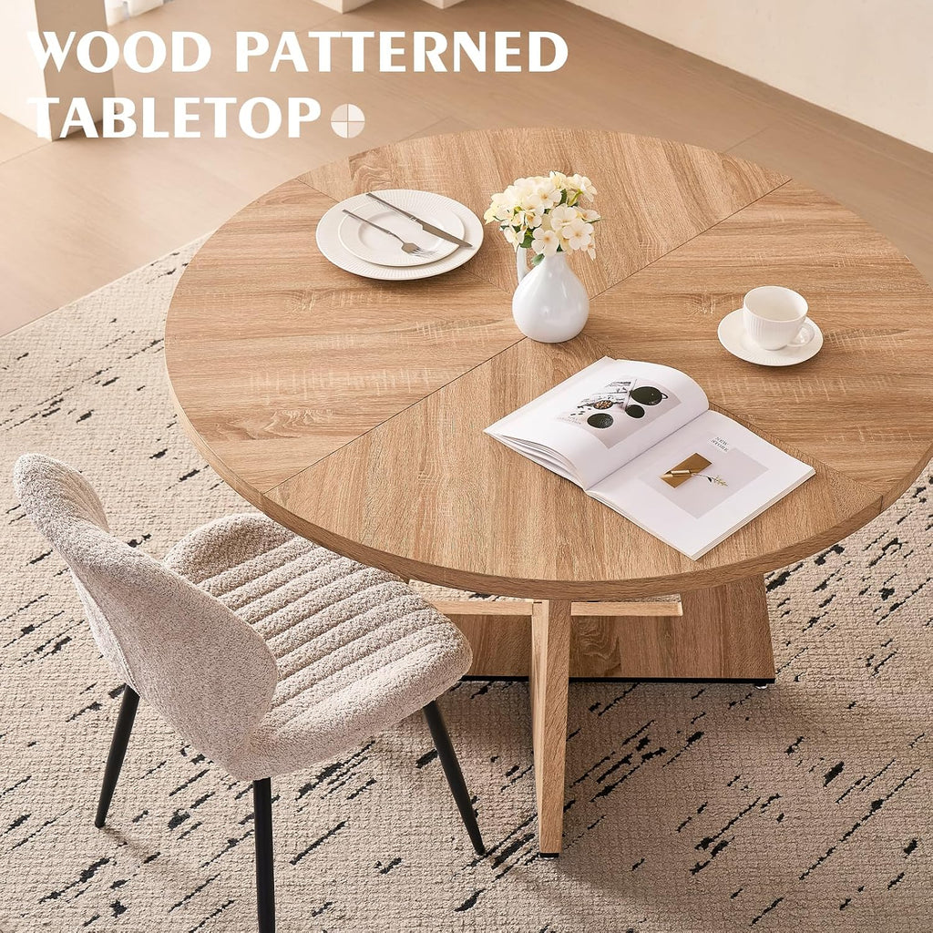 47" Round Dining Room Table Set for 4, [Fanned Base] [1.38" Thick Top] Wood Kitchen Table with 4 Boucle Dining Chairs