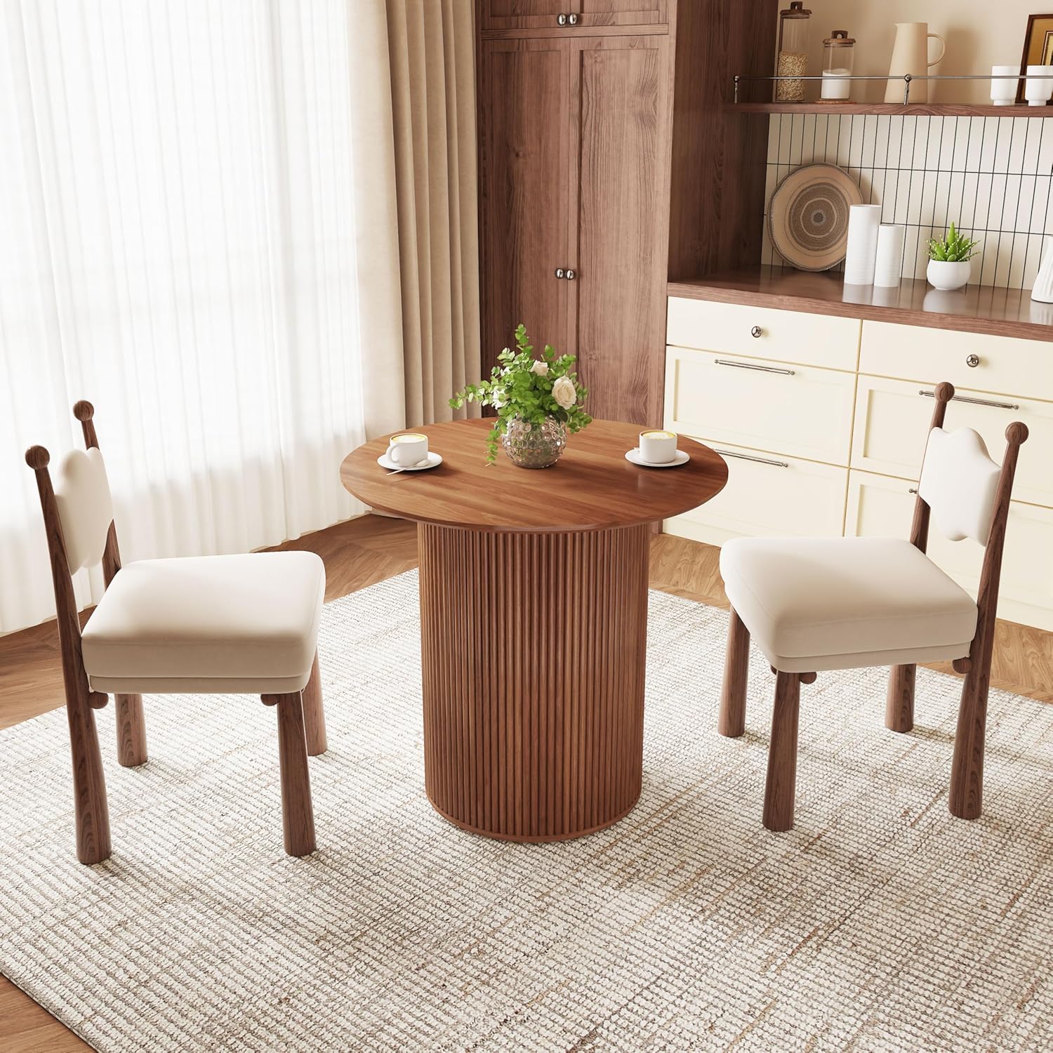 AVZEAR 31.5" Round Dining Table for 2 People, Small Kitchen Dinner Table with Fluted Wood Base, Farmhouse Circle Dining Tables for Home, Kitchen, Dining Room, Living Room (Walnut)