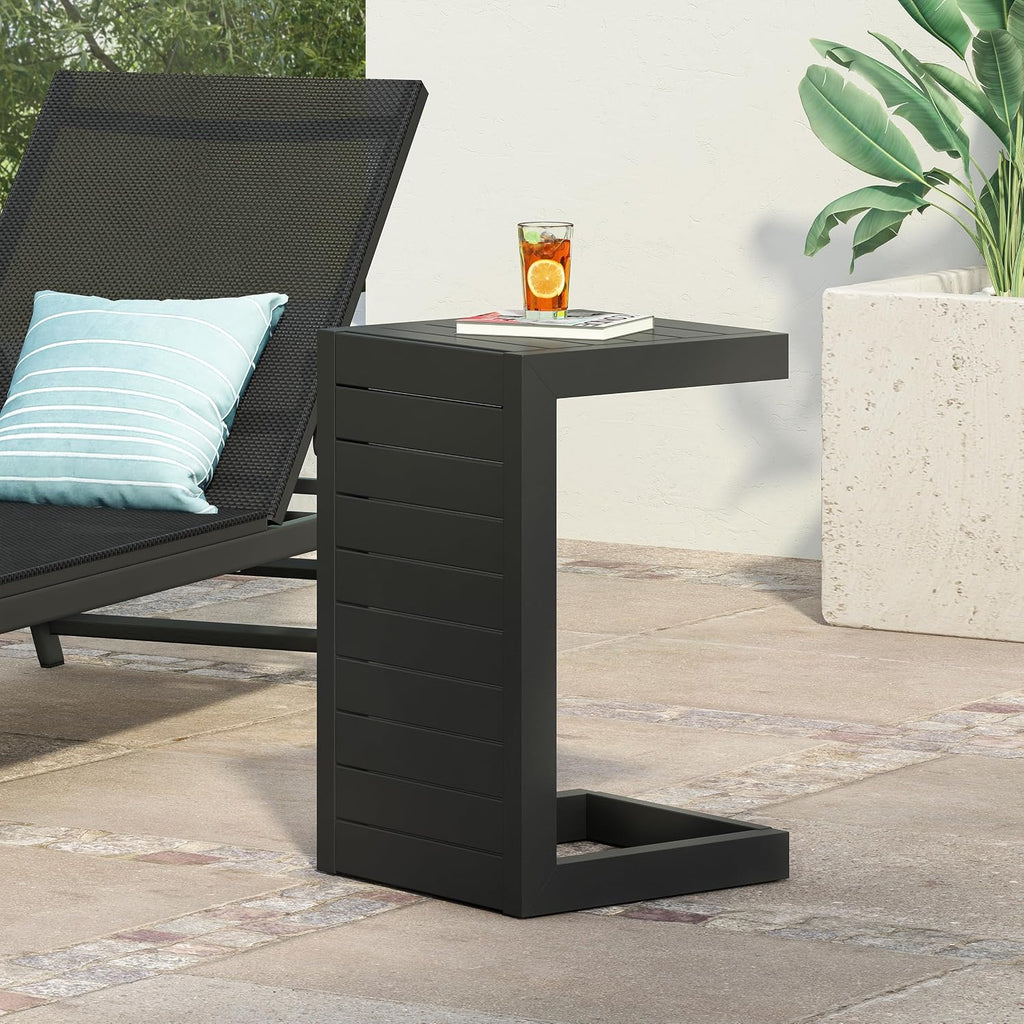 C-Shaped End Table for Patio Lounge Chair: Slide Under Armrest, Keep Drinks & Phone Within 10-inch Reach - 0° Effort While Relaxing on Your Chaise - Rust-Resistant Aluminum Frame, Matte Black