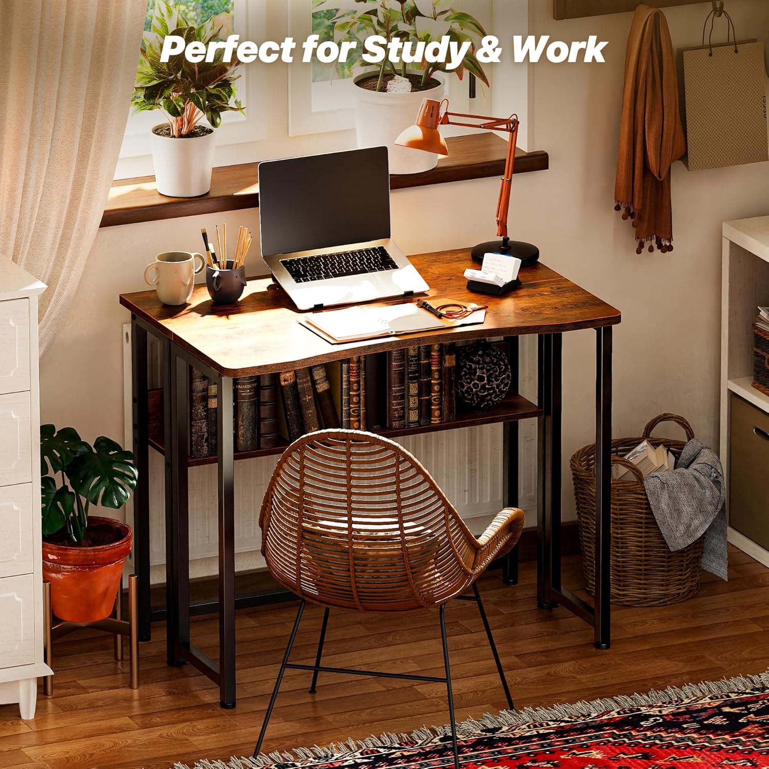 Huuger Folding Desk with Storage Shelf, 31.5 Inch Foldable Computer Table for Small Spaces, Space Saving Sofa Table for Couch, Writing Work Office Computer Desk, Easy to Fold, Rustic Brown