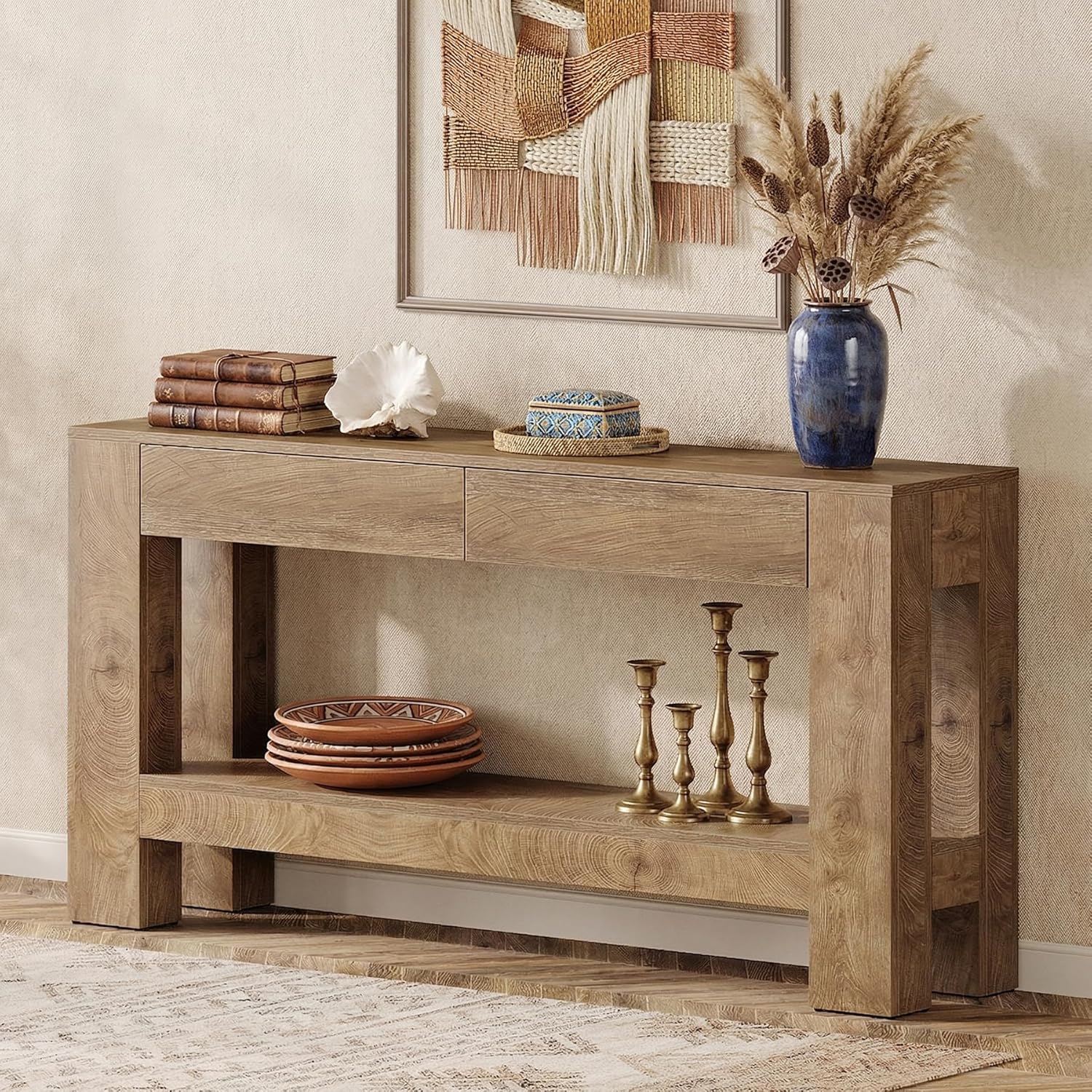 Tribesigns 63 Inch Entryway Table with 2 Drawers, Farmhouse Console Table with Storage Shelf, Long Sofa Table Behind Couch for Living Room, Hallway, Foyer, Brown