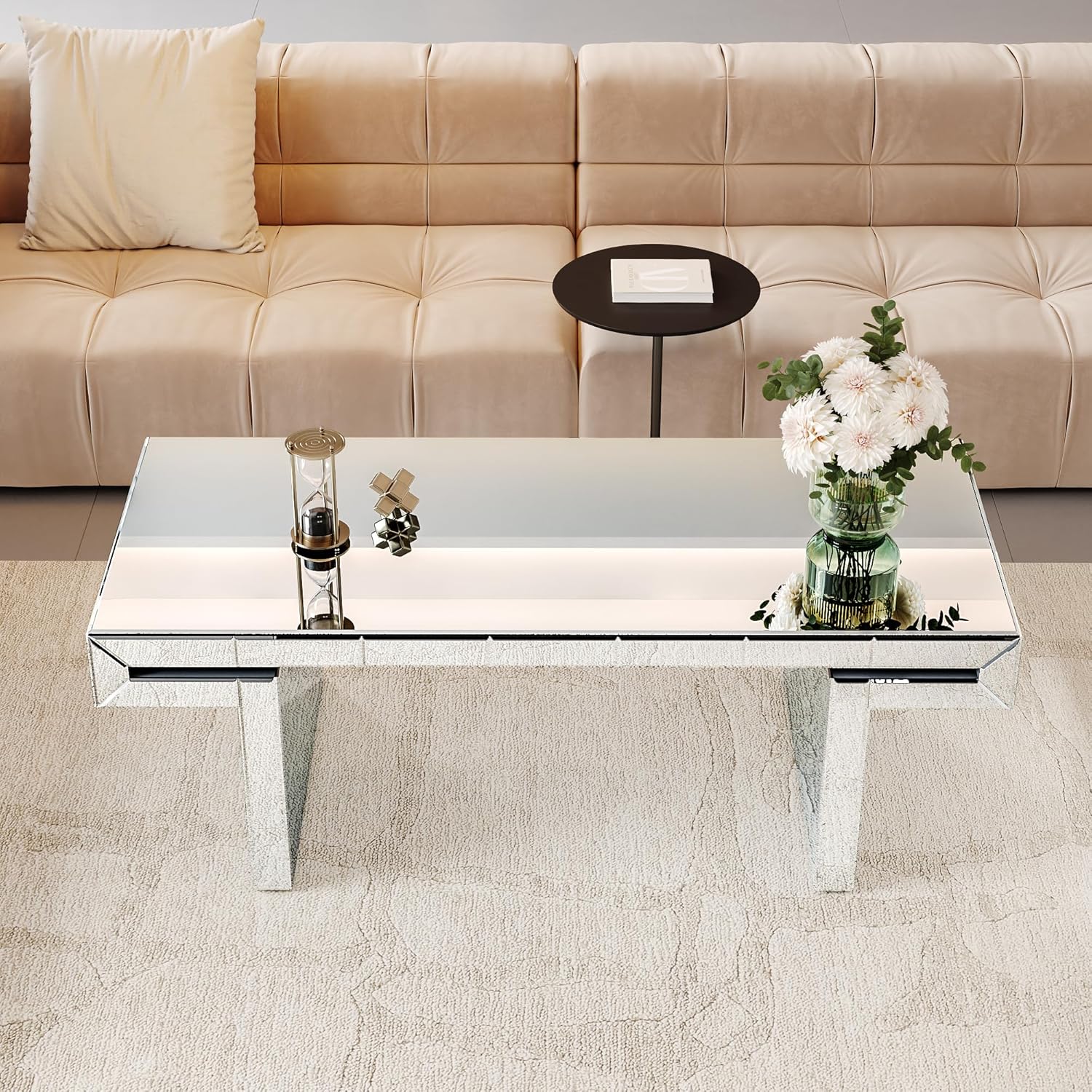 47 Inches Luxury Rectangular Mirror Coffee Table with Tempered Glass, Sofa Side Table, Easy 2 Step Assembly, Light Luxury Style, Reinforced Packaging