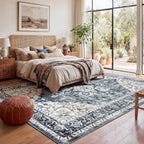 AMADA HOMEFURNISHING 8x10 Washable Area Rug, Low-Profile with Non-Slip Backing & Durable Edge Binding, Vintage Large Rugs for Living Room, Bedroom, Dining Room, Blue