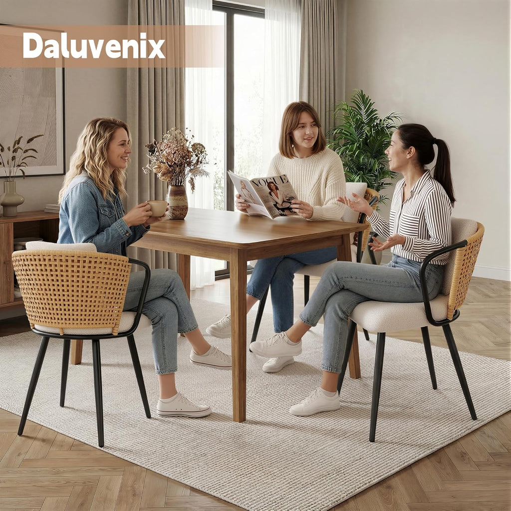 Rattan Dining Chairs Set of 4, Modern Upholstered Kitchen Chair with Metal Legs, Ergonomic Curved Backrest, Mid Century Living Room Chairs with Throw Pillow, Natural