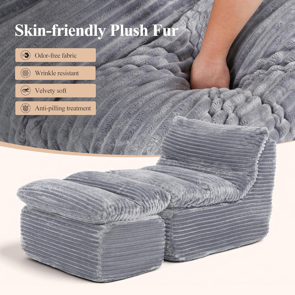 COLAMY Bean Bag Chair, Lounge Chair with Removable Ottoman for Adults, Comfy Fabric Sofa Bed Couch with Memory Foam, Backrest for Living Room, Office, Bedroom, Grey