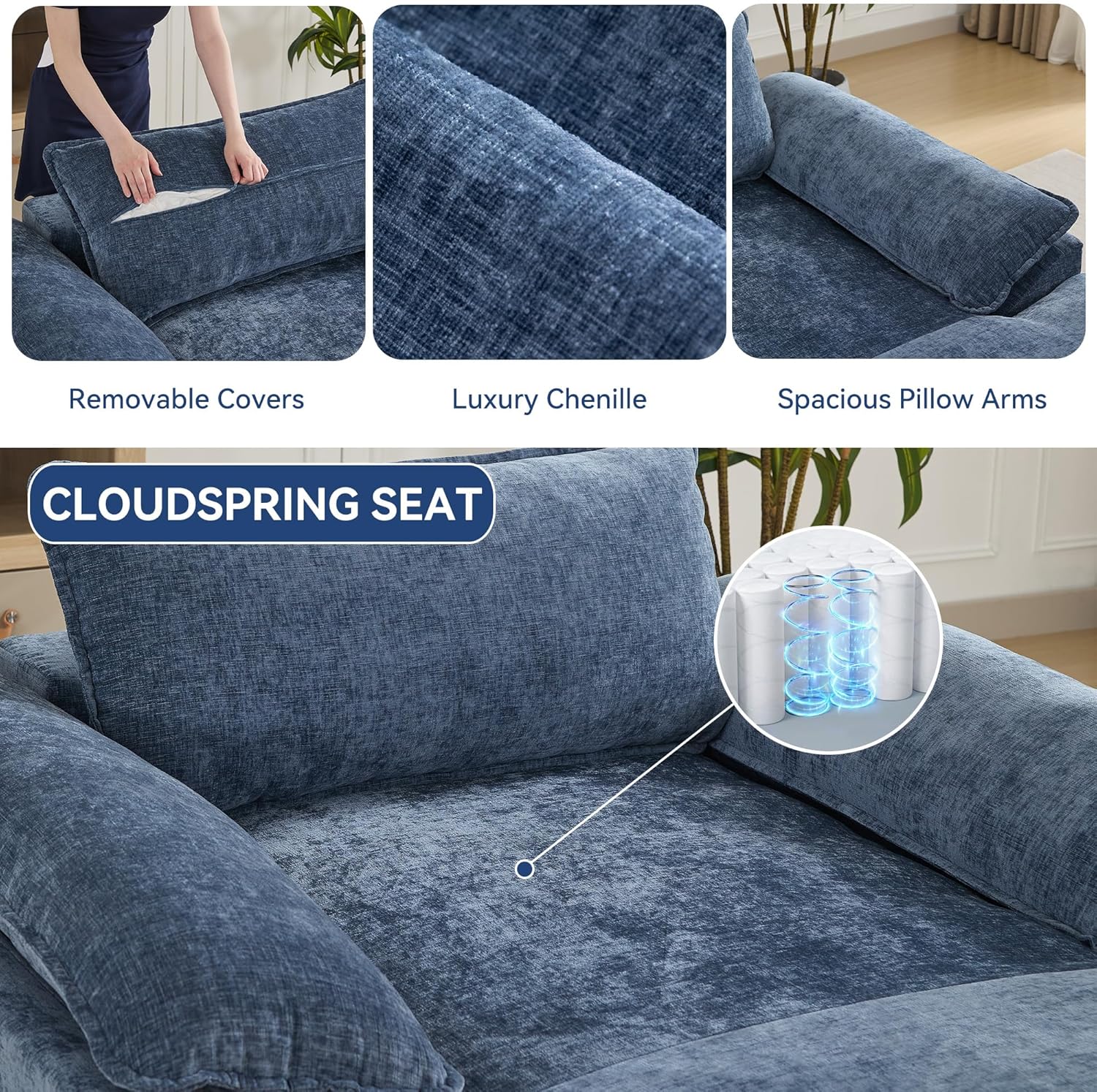 WUTUTUEE 69" Oversized Chaise Lounge Chair Indoor, No Assembly Blue Lounge Couch, Chenille Upholstered Sofa Bed with Pockets, Oversized Reading Chair with Ottoman for Living Room, Bedroom, Office