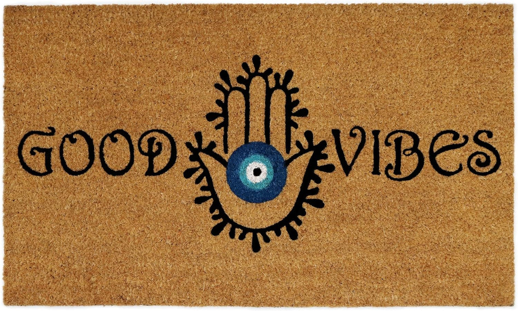 Croft&Cane Welcome Doormat – Non Slip Coco Coir Door Mat - Good Vibes Evil Eye Dirt Trapping Entryway Mat - Low Profile Indoor Outdoor Front Door Mat for Patio, Porch & High Traffic Areas - 17 x 30