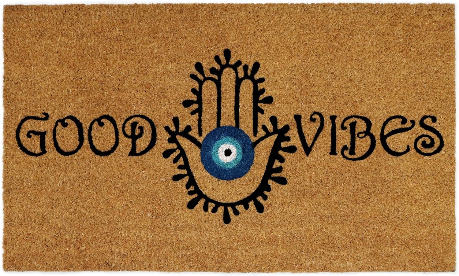 Croft&Cane Welcome Doormat – Non Slip Coco Coir Door Mat - Good Vibes Evil Eye Dirt Trapping Entryway Mat - Low Profile Indoor Outdoor Front Door Mat for Patio, Porch & High Traffic Areas - 17 x 30