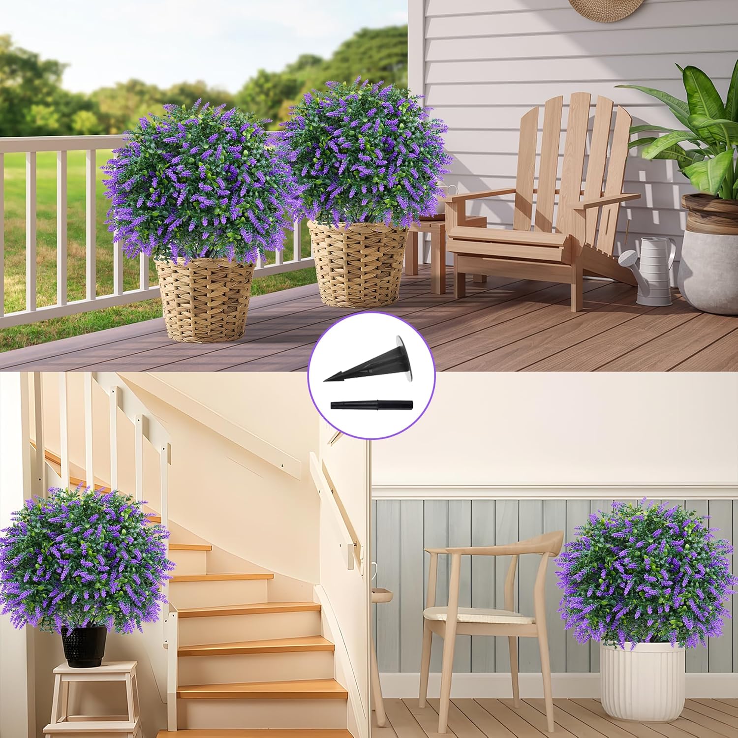 Grooy Artificial Boxwood Topiary Ball with Lavender, Set of 2 Artificial Shrub Bushes with Ground Spike, UV Resistant Fake Evergreen Plant Tree for Porch Outdoor Planters Indoor