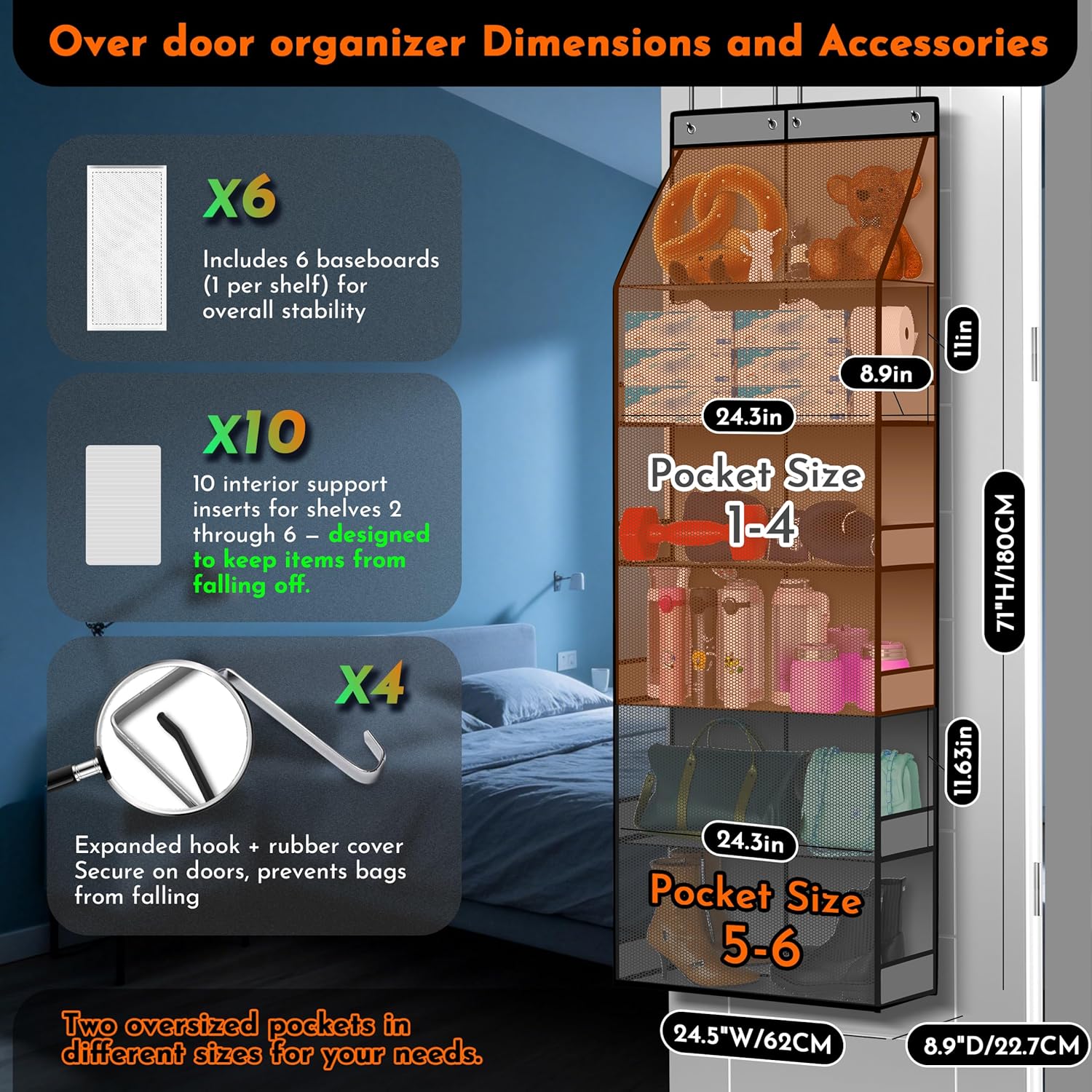 PAULONE 6-Tier Over Door Organizer 71" Tall – Hanging Storage with 2 Sizes of Large Deep Pockets (24.3" W x 8.9" D), 98 lbs Capacity, for Bedroom Closet, Bathroom, Nursery & Kitchen