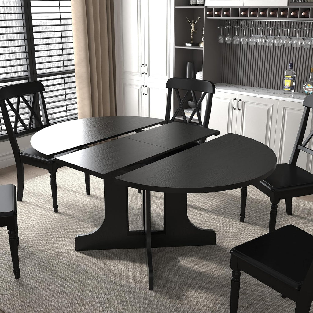 Henf 5 Piece Round Extendable Dining Table Set for 4, 43"-59" Wood Oval Expanding Kitchen Table with 4 Chairs, Space Saving Extendable Dining Room Tables with Pedestal Base (Black & Gray)