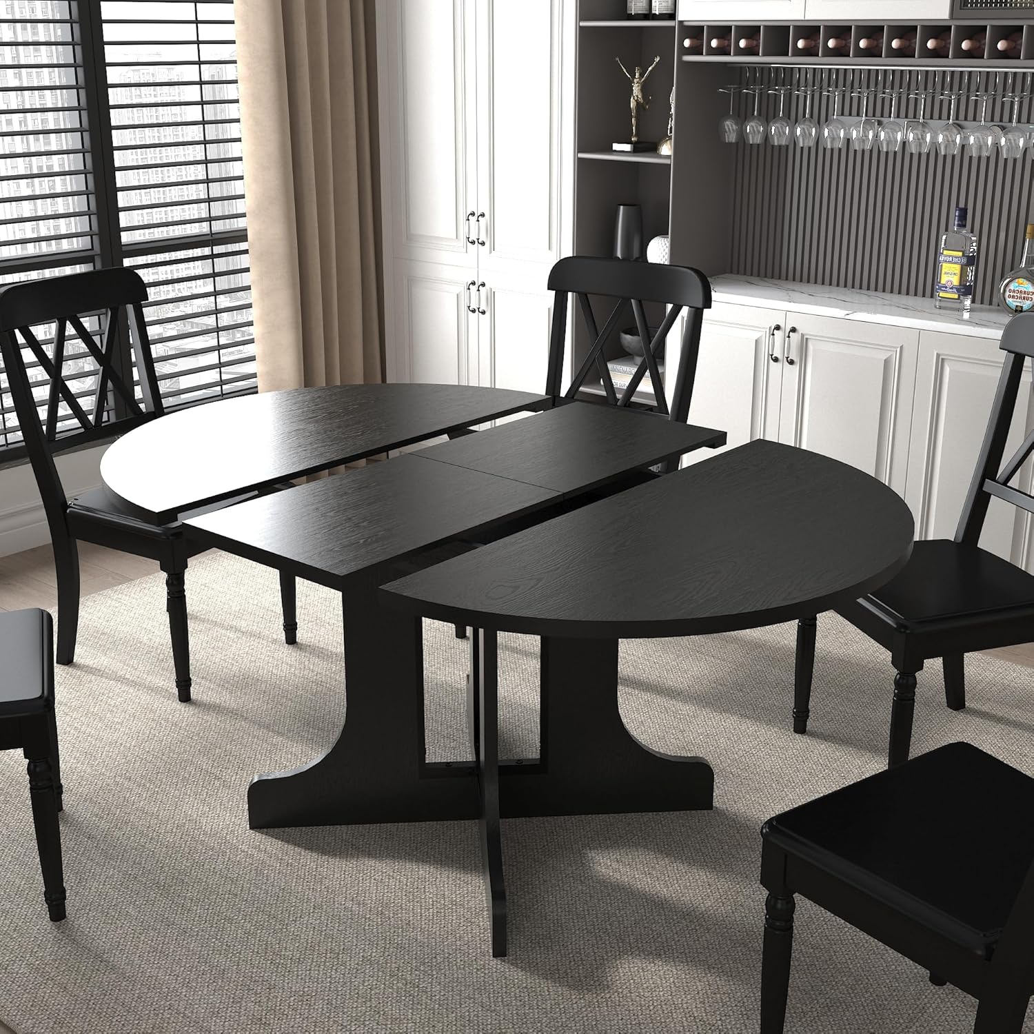 Henf 5 Piece Round Extendable Dining Table Set for 4, 43"-59" Wood Oval Expanding Kitchen Table with 4 Chairs, Space Saving Extendable Dining Room Tables with Pedestal Base (Black & Gray)