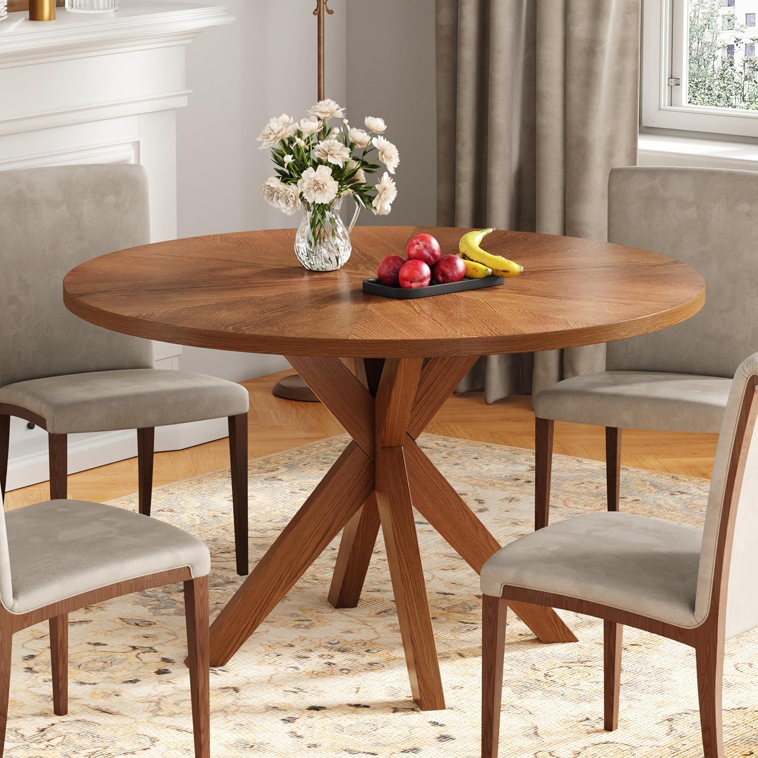 Solid Wood Round Dining Table for 4-6, Wooden Intersecting Pedestal Base, Farmhouse Round Dining Room Table for Home Dining Room, Kitchen, Living Room