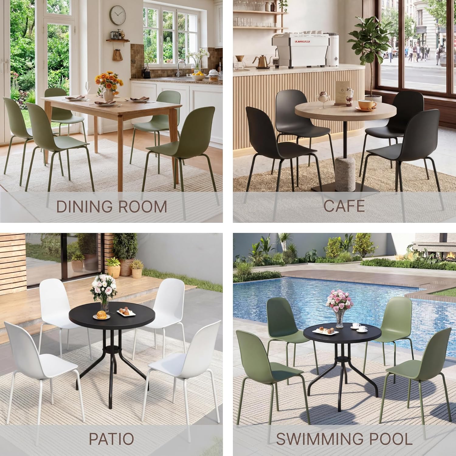 KISLOT Dining Chairs Set of 4, Plastic Outdoor Dining Room Chairs with Metal Legs, PP Anti-UV Stackable Patio Chairs with Ergonomic Back for Kitchen Swimming Pool, Easy Assembly, Green