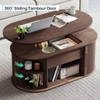 LINSY Lift Top Coffee Table, Oval Fluted Coffee Table with Storage, Mid Century Modern Wooden Coffee Tables with Sliding Tambour Door, 39" Center Table for Living Room, Office, Small Space, Walnut